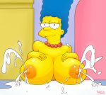 big_breasts blue_hair breasts female hair hand_on_breast huge_breasts long_hair marge_simpson milf milk necklace nipple nipples pbrown pearls smile solo the_simpsons whoa_look_at_those_magumbos woman yellow_skin