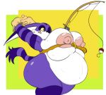  1girl 1girl anthro belly belt big_belly big_breasts big_the_cat breast_squish breasts cat clothing crossgender daredemon7000 eyelashes feline fishing_rod fur gloves huge_breasts mammal mostly_nude nipples one_eye_closed overweight purple_fur sega tongue tongue_out 