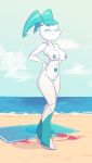 1girl bikini blue_hair blush boots breasts closed_eyes herny jenny_wakeman my_life_as_a_teenage_robot nickelodeon nipples nude ocean pussy robot shiny shiny_skin smile twin_tails