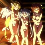 3girls angel angeloid astraea big_breasts blonde_hair blue_hair blush breasts brown_hair hair long_hair looking_at_viewer mitsuki_sohara multiple_girls nymph_(sora_no_otoshimono) panties sora_no_otoshimono topless twin_tails underwear wings