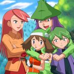  2boys 2girls :d :o alternate_costume arm_around_neck bandanna bangs belt belt_pouch blue_eyes blush brown_hair cloud coat couple crossed_arms drew drew_(pokemon) embarrassed flower gloves green_hair harley_(pokemon) haruka_(pokemon) hat holding hug hug_from_behind hugging long_hair long_sleeves looking_at_another lowres may mountain multiple_boys multiple_girls nintendo open_clothes open_mouth open_shirt outdoors pants pokemoa pokemon pokemon_(anime) purple_hair red_hair red_rose rose saori_(pokemon) shirt short_hair short_sleeves shuu_(pokemon) sky smile soara swept_bangs tree 