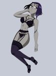 1_girl 1girl bob_cut bra dc_comics drpizzaboi1 female female_only forehead_jewel garter_belt garter_straps grey_skin half_demon hand_behind_head lingerie looking_away midriff mostly_nude navel panties plain_background purple_eyes purple_hair raven_(dc) short_hair solo stockings teen_titans underwear