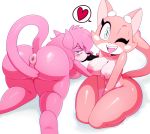 1girl aeris_(vg_cats) anthro anus ass bent_over blue_eyes blush breasts cat controller convenient_censorship feline fur furry heart highres mammal nude one_eye_closed open_mouth pussy shima_luan simple_background smile sssonic2 super_planet_dolan vg_cats webcomic white_background wink