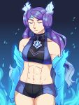 1girl abs absurd_res alluring athletic_female bikini breasts brighid_(xenoblade) closed_eyes collarbone cowboy_shot female_abs fire fit_female frogbians gloves high_res long_hair micro_shorts nintendo purple_hair shorts simple_background split_mouth stomach swimsuit thighs xenoblade_(series) xenoblade_chronicles_2