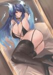  1girl 1girl alluring ass big_breasts blue_hair blush breasts brighid brighid_(xenoblade) calmgreentori flaming_hair garter_straps high_heels long_hair mirror nintendo phone purple_eyes seductive selfpic smartphone stockings tagme thighs thirst_trap xenoblade_(series) xenoblade_chronicles_2 