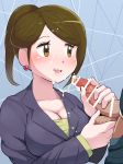 anime ayumu_inchinohashi boris_(noborhys) breasts brown_eyes brown_hair cum cum_in_mouth cum_on_face cum_on_upper_body cum_shot cum_string fellatio female_reporter grabbing_penis handjob oral penis pop_team_epic sperm