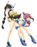 2girls ass ass-to-ass ass_to_ass bare_shoulders bent_over black_hair blue_eyes blush boots breast_hold breasts cute elesa fur_coat fuuro_(pokemon) gloves gym_leader hair hair_ornament headphones kamitsure_(pokemon) leaning leaning_forward long_hair looking_at_viewer looking_back multiple_girls nipple_slip nipples open_mouth pink_hair pokemon pokemon_(game) pokemon_bw pokemon_bw2 purple_eyes red_hair short_shorts shorts skyla smile twintails white_background xiaoking yuri