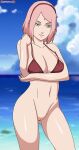  1girl alluring bare_legs big_breasts bikini bikini_top_only boruto:_naruto_next_generations cleavage darkuro_27 facial_mark female_only forehead_mark hairband looking_at_viewer mature mature_female midriff milf naked_from_the_waist_down naruto naruto_(series) pussy sakura_haruno shoulder_length_hair smile solo_focus swimsuit upper_body 