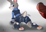 all_fours anthro ass clothing cum cum_on_ass cum_on_face disney furry judy_hopps lagomorph mammal paws penis rabbit raised_tail redfoxsoul tail tight_shorts uniform zootopia