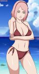  1girl alluring big_breasts bikini boruto:_naruto_next_generations cleavage darkuro_27 facial_mark female_only forehead_mark hairband looking_at_viewer mature mature_female midriff milf naruto naruto_(series) sakura_haruno shoulder_length_hair smile solo_focus swimsuit upper_body 