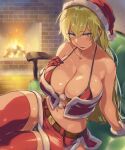 1girl alternate_costume bangs belt big_breasts bikini black_panties blonde_hair blush breasts christmas christmas_outfit cleavage commission detailed_background female_only fire_emblem fire_emblem:_the_binding_blade fireplace fur_trim gloves green_eyes hat igrene_(fire_emblem) long_hair looking_at_viewer midriff mole mole_under_eye navel nintendo open_mouth panties pantyshot red_bikini red_gloves red_legwear sajittari santa_hat shinon_(tokage_shuryou) shiny shiny_skin solo_female stockings swimsuit tan_skin underwear upskirt