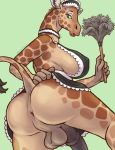  1girl 2016 animal_genitalia animal_penis anthro anus areola backsack big_breasts big_penis breasts chewycuticle clothing dickgirl dust_spanner equine_penis erect_nipples furry giraffe green_background green_eyes highres hooves horn intersex maid_uniform mammal medial_ring nipple_bulge nipples penis perineum rear_view simple_background skirt skirt_lift testicles uniform 