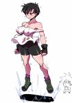  1girl bare_shoulders big_breasts bike_shorts black_hair blue_eyes blush breasts cleavage dragon_ball dragon_ball_z fingerless_gloves gloves hair nipples rickert_kai shoes short_hair shorts socks son_goten videl wavy_mouth white_background 