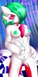  1girl abstract_background areolae artist_request breasts clitoris english_text female_only gardevoir green_hair green_nipples hand_on_hip looking_at_viewer necklace nipples pokemon pussy racing_suit red_eyes smile solo text undressing white_body zipper zipper_pull_tab 