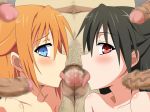  2girls black_hair blue_eyes blush double_fellatio fellatio hair konoe_subaru licking long_hair looking_at_viewer mayo_chiki! multiple_boys multiple_girls oral orange_hair penis red_eyes suzutsuki_kanade tongue tongue_out 