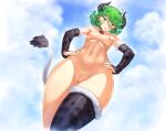  1girl 1girl asymmetrical_legwear black_gloves breasts censored cloud cow_tail curly_hair fake_horns fake_tail fur-trimmed_gloves fur-trimmed_legwear fur_trim gloves green_eyes green_hair heart heart_censor horns mogudan navel nipples nopan nude one-punch_man pussy short_hair single_thighhigh small_breasts stockings tail tatsumaki_(one-punch_man) thick_thighs thighs 