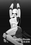 armor ass bdsm bondage bound bound_wrists breastplate cape captain_phasma character_name cuffs darkmaya gradient gradient_background grey_background heavy_breathing helmet looking_at_viewer monochrome prisoner science_fiction shackles solo spoilers star_wars star_wars:_the_force_awakens stormtrooper the_force_awakens