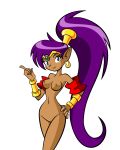 1girl arabic armbands blue_eyes breasts dark_skin earrings geine hand_on_hips long_hair nipples ponytail purple_hair pussy shantae shantae_(character) simple_background smile transparent_background video_games wayforward