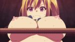  1girl animated animated_gif anime big_breasts blonde blonde_hair blush bouncing_breasts breasts edit female gif huge_breasts kawakami_mai large_breasts limbo lowres musaigen_no_phantom_world myriad_colors_phantom_world nipples nude_filter photoshop side_ponytail solo sweat 