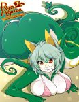 1girl agawa_ryou anthro anthrofied ass big_ass bikini breasts bubble_butt ears floral_print glasses green_hair huge_ass huge_breasts lamia lips monster_girl pokemon red_eyes serperior short_hair smile solo swimsuit wide_hips