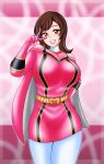  1girl 1girl alluring big_breasts bodysuit houka_ozu mahou_sentai_magiranger milf no_helmet peace_sign posing silf super_sentai treezero v 