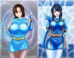  2_girls alluring big_breasts black_hair blue_eyes bodysuit brown_hair mahou_sentai_magiranger nanami_nono ninpuu_sentai_hurricanger ozu_urara pin_up silf super_sentai treezero urara_ozu 