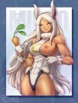 1girl 1girl breasts breasts_outside bunny_ears carrot dark-skinned_female jammeryx long_hair miruko my_hero_academia orange_eyes rumi_usagiyama shiny shiny_skin shounen_jump silver_hair toned_female