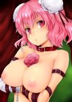  1girl 1girl bandages bare_shoulders bdsm belt big_breasts blush bondage breast_hold breast_lift breasts bun_cover bust chain chikado chikadou choker collar crossed_arms cuffs double_bun femsub flower high_resolution ibaraki_kasen legitimate_variation open_mouth pink_eyes pink_hair puckered_lips red_eyes rose shackles short_hair slave sweat sweatdrop topless touhou upscaled 