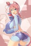 1girl arched_back ass bangs blue_eyes blue_gloves breasts cat_ears cat_tail fangs fuuro_(pokemon) gloves hair_between_eyes holding_poke_ball huge_breasts looking_at_viewer looking_back maroon_hair nipple_bulge open_mouth pokeball pokemon pokemon_bw presenting_hindquarters red_hair short_ponytail short_shorts shorts side_ponytail sideboob skyla smile teeth thighs