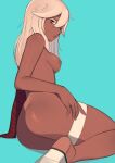 1girl 1girl 1girl ass blue_background breasts dark-skinned_female dark_skin feet guilty_gear high_resolution hips long_hair looking_at_viewer looking_over_shoulder nipples nude nude_female open_mouth panapana ramlethal_valentine simple_background sitting thigh_strap thighs white_hair yellow_eyes