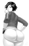 1girl ass big_ass big_hero_6 breasts bubble_blowing bubblegum butt_crack candy curvy disney female female_human female_only fingerless_gloves gloves gogo_tomago gum hair highres huge_ass human jacket looking_at_viewer looking_back looking_down lvl_(artist) marvel monochrome mooning panties panties_around_legs panties_down panty_pull plump short_hair signature simple_background solo standing thick_thighs thighs underwear white_background wide_hips