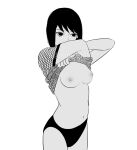  1girl areola bangs black_eyes black_hair breasts female_only fishnet fishnet_shirt fishnet_top long_hair monochrome naruto naruto_(series) naruto_shippuden nipples no_bra panties shirt shirt_lift shirt_up shizune underwear undressing upper_body watermark zhuo_0189 