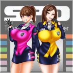 2_girls alluring big_breasts brown_hair kodou_koume koume_kodou marika_reimon multiple_girls pin_up pink_eyes police_outfit police_outfits reimon_marika super_sentai tokusou_sentai_dekaranger treezero white_shirt yellow_eyes