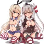  1:1_aspect_ratio 2girls amatsukaze_(kantai_collection) areola big_breasts black_dress black_panties blonde blue_eyes blush breast_hold breasts breasts_out_of_clothes brown_eyes clavicle dress duo elbow_gloves embarrassed fang garter_straps gloves grey_hair hair hair_tubes hairband high_resolution highleg highleg_panties holding_hands interlocked_fingers kantai_collection kneel light-skinned long_hair miniskirt multiple_girls navel nipples no_bra object_on_head open_clothes open_mouth open_shirt panchira panchira_(squatting) panties pleated_skirt s_sasaki_09140 sailor_collar sailor_dress shimakaze_(kantai_collection) simple_background single_glove skirt sleeveless sleeveless_shirt squatting sweatdrop two_side_up underwear white_background white_gloves 