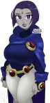 dialogue high_res huge_breasts lips lipstick looking_at_viewer purple_eyes purple_hair raven_(dc) roumgu seductive_smile smile teen_titans thick_lips thick_thighs tight_clothing wide_hips