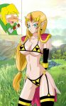 alluring belly big_breasts bikini blonde blonde_hair blue_eyes blush breasts confused fit fit_body gloves hair hyrule_warriors link midriff navel nosebleed princess_zelda shoulder_pads silk stockings the_legend_of_zelda triforce zelda zelgi