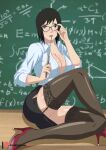  1girl abp_art big_breasts black_eyes black_hair blush board chalkboard cleavage female_only glasses high_heels looking_at_viewer math naruto naruto_shippuden on_desk shizune short_hair sitting skirt stockings teacher unbuttoned_shirt writing 