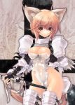  1girl animal_ears armor breasts brown_eyes cameltoe cat_ears cat_tail cleavage crotch_rub fantasy_earth_zero fingerless_gloves gloves lingerie mace masturbation miwa_yoshikazu nipple_slip nipples orange_hair pussy_juice see-through short_hair solo sweat tail thighhighs underwear weapon 