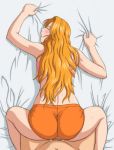 1girl ass bed bed_sheet bleach blush breast_press breasts censored closed_eyes crotchless_panties doggystyle hair kurosaki_ichigo long_hair matsumoto_rangiku navel open_mouth orange_hair panties penis pov rangiku_matsumoto sex sheet_grab sheets shirt_lift shorts sideboob solo_focus sweat tongue tongue_out underwear vaginal x_bokkis