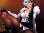 1girl :p ace_attorney blue_eyes blue_hair blush breasts capcom cleavage earrings franziska_von_karma gloves jewelry karuma_mei mole naughty_face no_bra no_panties pantyhose pencil_skirt pubic_hair pussy see-through short_hair skirt solo spread_legs squat squatting tongue tongue_out undressing yurikawa