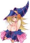 1girl blonde_hair blush breasts dark_magician_girl duel_monster erect_nipples fuyube_rion green_eyes hat huge_breasts large_breasts long_hair nipples no_bra simple_background solo white_background yu-gi-oh! yuu-gi-ou yuu-gi-ou_duel_monsters