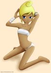  1girl bandages bandeau barefoot blonde_hair blue_eyes dark_skin kneeling lalox navel pointy_ears smile solo tetra the_legend_of_zelda the_wind_waker thong 