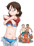 1girl 3boys alexis_thi_dang bikini carlos_lopez female_focus rad_white shirt_removed solo_focus transformers transformers_armada transformers_energon white_background