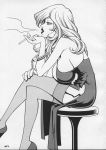  1girl big_breasts breasts comic fujiko_mine lipstick lupin_iii milf monochrome q-bit single_big_breast single_breast smoking solo stockings 