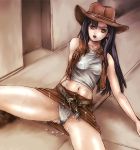  1girl alternate_costume bare_shoulders belt black_hair brown_eyes cowboy_hat crisis_core_final_fantasy_vii cum cum_on_clothes final_fantasy final_fantasy_vii fringe hat long_hair midriff panties pantyshot solo spread_legs tifa_lockhart underwear vest western white_panties 