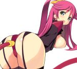  1girl anal anal_insertion anal_object_insertion ass bent_over blush breasts butt_plug butt_plug_tail buttplug buttplug_tail deshima_shin garter_belt green_eyes gun_x_sword looking_back object_insertion open_mouth panties pink_hair ponytail priscilla_(gunxsword) red_panties sideboob sikorsky solo tail thighhighs thighs underwear 