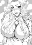 1girl :p adjusting_hair areola_slip areolae between_breasts bleach blush breasts center_opening chains cleavage collarbone erect_nipples hanzaki_jiro hanzaki_jirou huge_breasts jewelry large_breasts lipstick long_hair looking_at_viewer makeup matsumoto_rangiku mole mole_under_mouth monochrome naughty_face necklace no_bra nose_blush open_clothes open_shirt pocket rangiku_matsumoto school_uniform see-through shirt sidelocks sketch solo tongue tongue_out upper_body very_long_hair