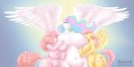  2016 3girls anthro anthrofied areola big_breasts breast_grab breast_sucking breasts closed_eyes cutie_mark earth_pony equine feathered_wings feathers female/female fluttershy friendship_is_magic furry group hair hair_over_eye half-closed_eyes hand_behind_back hand_on_breast horn horse huge_breasts large_breasts long_hair mammal multicolored_hair my_little_pony navel nipples nude obese overweight pegasus pink_hair pinkie_pie pony princess_celestia simple_background smile sucking weasselk wide_hips winged_unicorn wings 