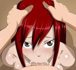 1boy 1girl blush cum deepthroat erza_scarlet fairy_tail fellatio hair hands_on_head head_grab irrumatio nude oral pov red_hair redhead uncensored