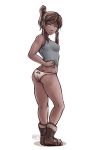 1girl ass avatar:_the_last_airbender blue_eyes boots brown_hair dark-skinned_female dark_skin iahfy korra looking_back panties ponytail printed_panties shiny shiny_skin the_legend_of_korra the_legend_of_korra* twin_tails white_background white_panties